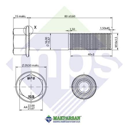 M16x1.5x80 ŞASİ CİVATASI FLANŞLI TIRTILLI TAM DİŞ 10.9
