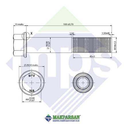 M18x1.5x100 ŞASİ CİVATASI FLANŞLI TIRTILLI 10.9