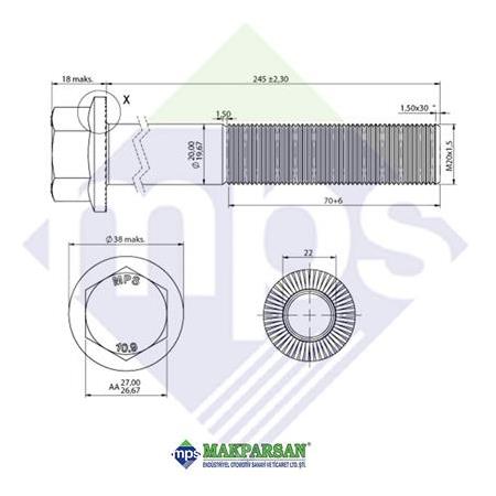 M20x1.5x245 BUGİ KOL CİVATASI FLANŞLI TIRTILLI 10.9 / 914112020204