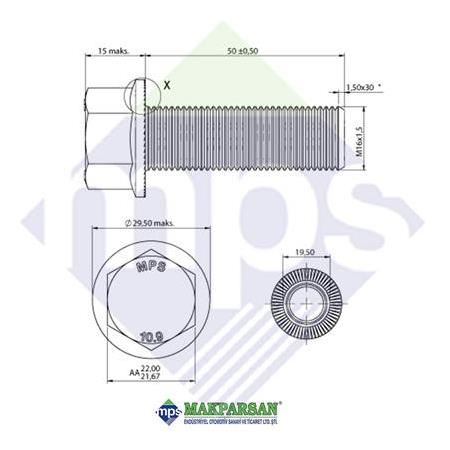 M16x1.5x50 ŞASİ CİVATASI FLANŞLI TIRTILLI 10.9 / 06028159015