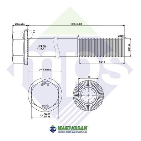 M24x2.0x160 AXOR-TGA ÖN MAKAS CİVATASI FLANŞLI TIRTILLI 10.9