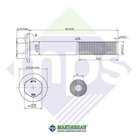M12x1.5x80 ŞASİ CİVATASI FLANŞLI TIRTILLI 10.9