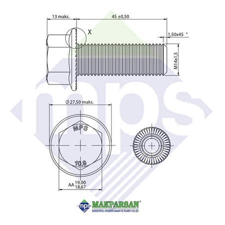 M14x1.5x45 ŞASİ CİVATASI FLANŞLI TIRTILLI TAM DİŞ 10.9 / 06028158914