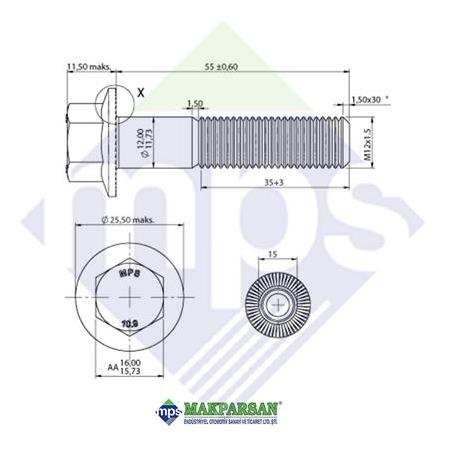 M12x1.5x55 ŞASİ CİVATASI FLANŞLI TIRTILLI 10.9