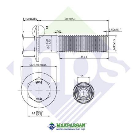 M12x1.5x50 ŞASİ CİVATASI FLANŞLI TIRTILLI 10.9