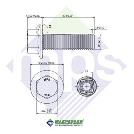 M12x1.5x40 ŞASİ CİVATASI FLANŞLI TIRTILLI TAM DİŞ 10.9