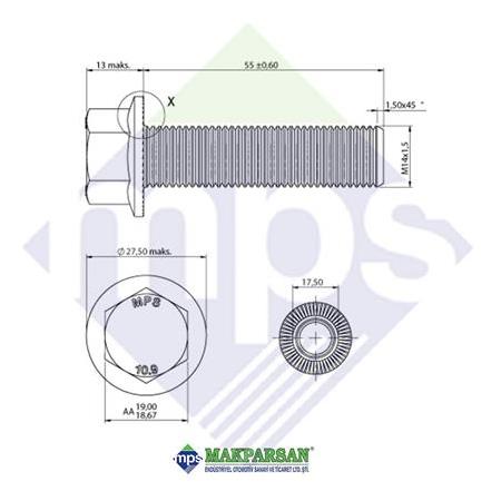 M14x1.5x55 ŞASİ CİVATASI FLANŞLI TIRTILLI 10.9 / 06028158916