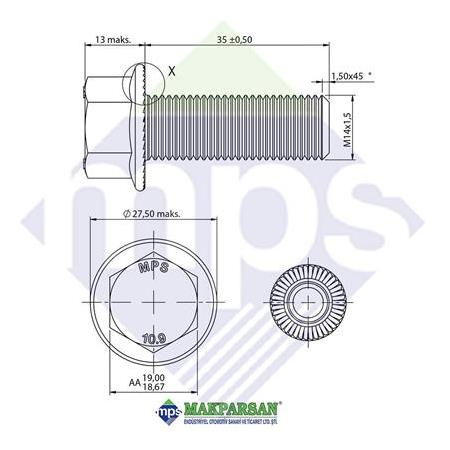 M14x1.5x35 ŞASİ CİVATASI FLANŞLI TIRTILLI TAM DİŞ 10.9 / 06028158912