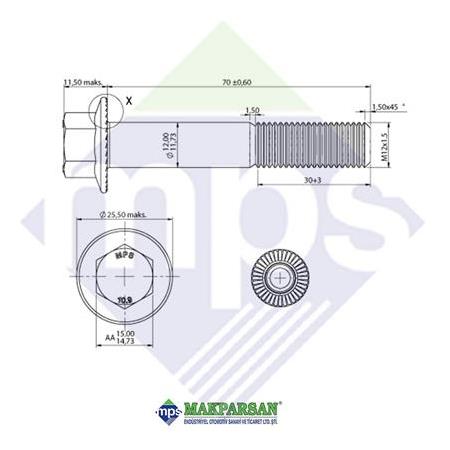M12x1.5x70 ŞASİ CİVATASI FLANŞLI TIRTILLI 10.9