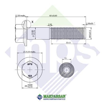M12x1.5x60 ŞASİ CİVATASI FLANŞLI TIRTILLI 10.9