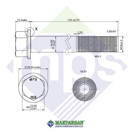 M16x1.5x120 ŞASİ CİVATASI FLANŞLI TIRTILLI 10.9