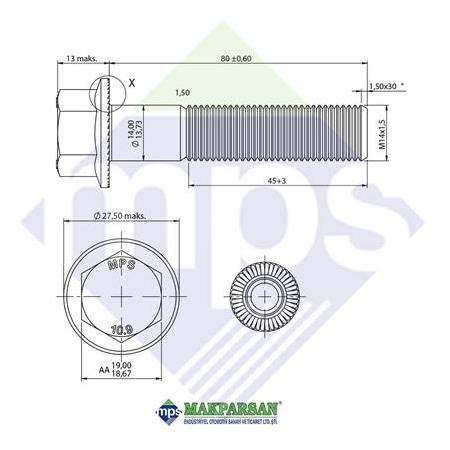 M14x1.5x80 ŞASİ CİVATASI FLANŞLI TIRTILLI 10.9