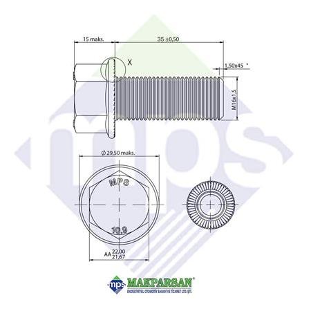 M16x1.5x35 ŞASİ CİVATASI FLANŞLI TIRTILLI TAM DİŞ 10.9