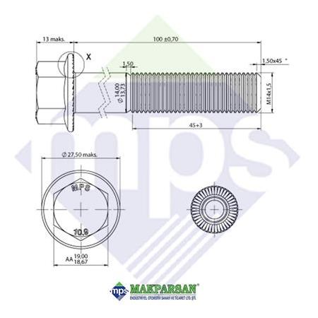 M14x1.5x100 ŞASİ CİVATASI FLANŞLI TIRTILLI 10.9