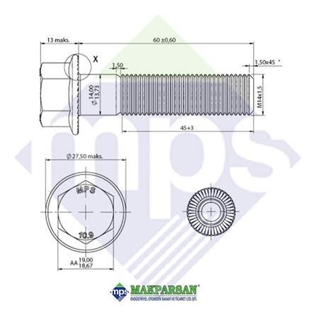 M14x1.5x60 ŞASİ CİVATASI FLANŞLI TIRTILLI 10.9 / 06028158917