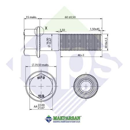 M16x1.5x60 ŞASİ CİVATASI FLANŞLI TIRTILLI 10.9 / 06028159017