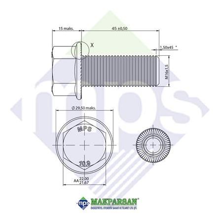 M16x1.5x45 ŞASİ CİVATASI FLANŞLI TIRTILLI TAM DİŞ 10.9 / 06028159014