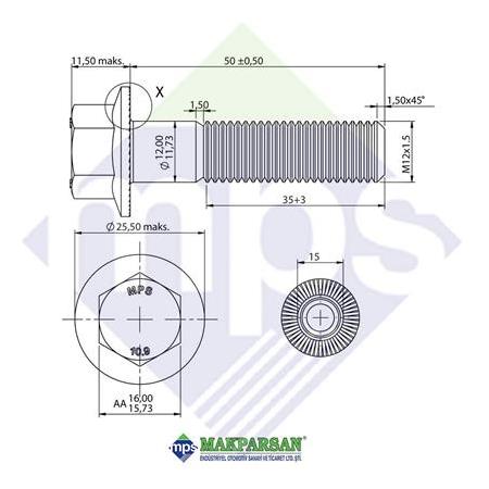 M16x1.5x55 ŞASİ CİVATASI FLANŞLI TIRTILLI 10.9 / 06028159016