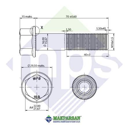 M16x1.5x70 ŞASİ CİVATASI FLANŞLI TIRTILLI 10.9 / 06028159019