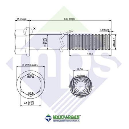 M16x1.5x140 ŞASİ CİVATASI FLANŞLI TIRTILLI 10.9 / 910105016011