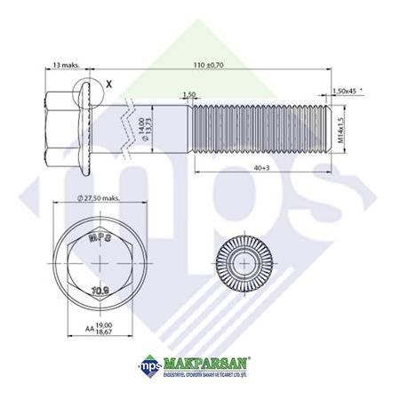 M14x1.5x110 ŞASİ CİVATASI FLANŞLI TIRTILLI 10.9