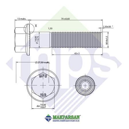 M14x1.5x70 ŞASİ CİVATASI FLANŞLI TIRTILLI 10.9 / 06028158919