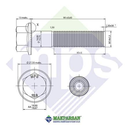 M14x1.5x90 ŞASİ CİVATASI FLANŞLI TIRTILLI 10.9