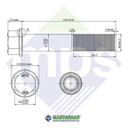 M18x1.5x140 ŞASİ CİVATASI FLANŞLI TIRTILLI 10.9