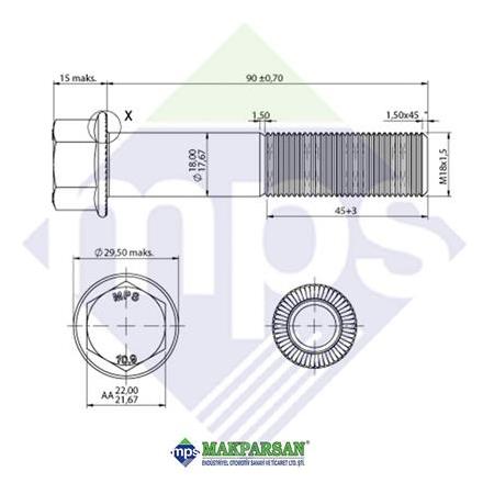 M18x1.5x90 ŞASİ CİVATASI FLANŞLI TIRTILLI 10.9