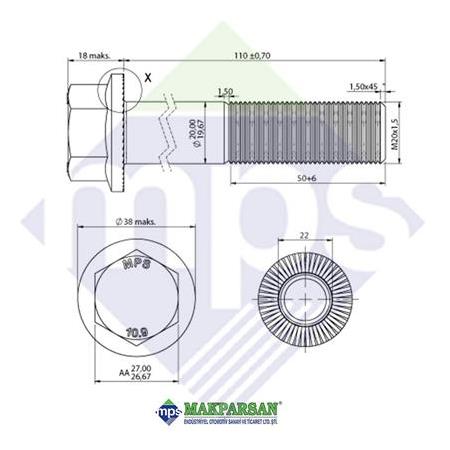 M20x1.5x110 BUGİ KOL CİVATASI FLANŞLI TIRTILLI 10.9