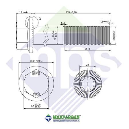 M20x1.5x170 ŞASİ CİVATASI FLANŞLI TIRTILLI 10.9
