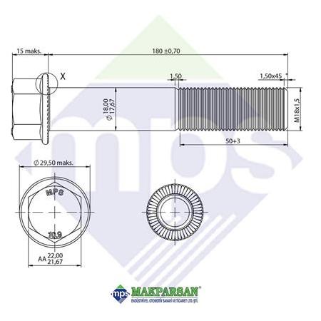 M18x1.5x180 ŞASİ CİVATASI FLANŞLI TIRTILLI 10.9