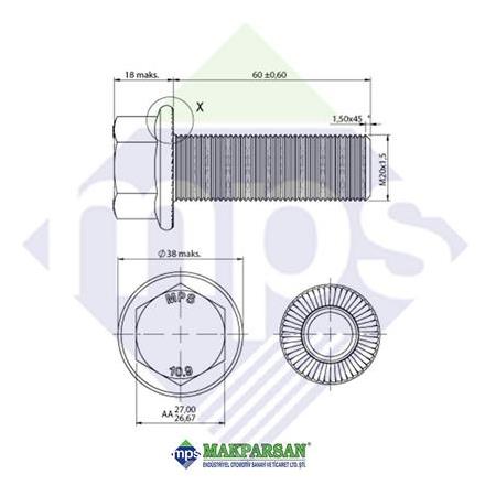 M20x1.5x60 ŞASE BEŞİĞİ CİVATASI FLANŞLI TIRTILLI TAM DİŞ 10.9