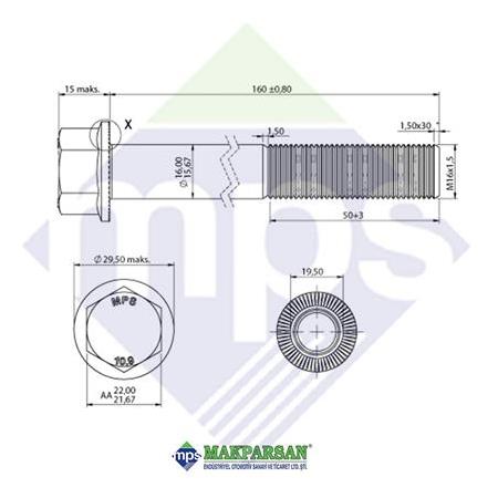 M16x1.5x160 ŞASİ CİVATASI FLANŞLI TIRTILLI 10.9 / 910105016017