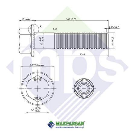 M14x1.5x160 ŞASİ CİVATASI FLANŞLI TIRTILLI 10.9
