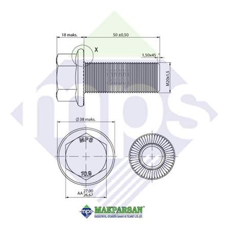 M20x1.5x50 ŞASİ CİVATASI FLANŞLI TIRTILLI TAM DİŞ 10.9