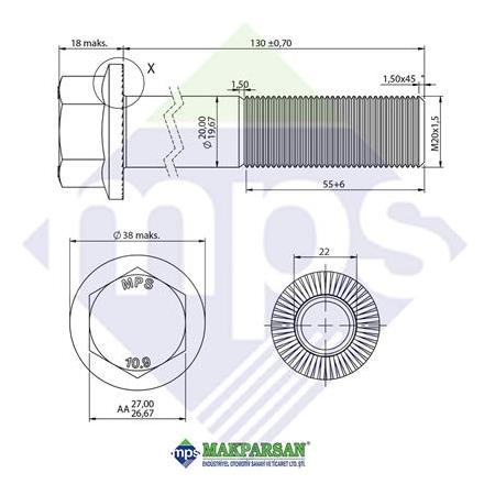 M20x1.5x130 BUGİ KOL CİVATASI FLANŞLI TIRTILLI 10.9