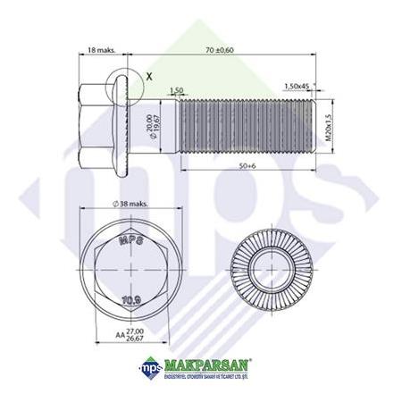 M20x1.5x70 BUGİ KOL CİVATASI FLANŞLI TIRTILLI 10.9