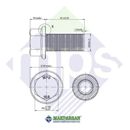 M20x1.5x45 ŞASİ CİVATASI FLANŞLI TIRTILLI TAM DİŞ 10.9