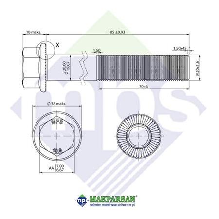 M20x1.5x185 BUGİ KOL CİVATASI FLANŞLI TIRTILLI 10.9 / 914112020200