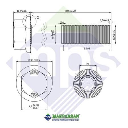 M20x1.5x150 BUGİ KOL CİVATASI FLANŞLI TIRTILLI 10.9 / 0049902504