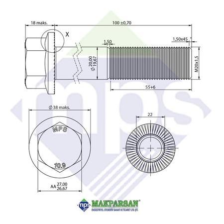 M20x1.5x100 ŞASİ BUGİ KOL CİVATASI FLANŞLI TIRTILLI 10.9