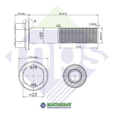 M20x1.5x90 ŞASİ BUGİ KOL CİVATASI FLANŞLI TIRTILLI 10.9 / 0049902304