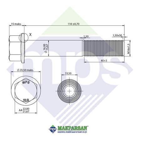 M16x1.5x110 ŞASİ CİVATASI FLANŞLI TIRTILLI 10.9