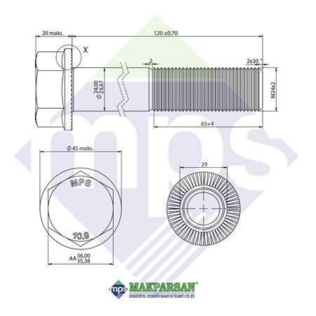 M24x2.0x120 BUGİ KOL CİVATASI FLANŞLI TIRTILLI 10.9