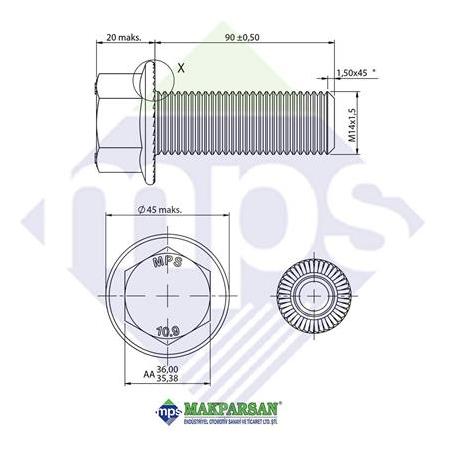 M24x2.0x90 M30.28 V KOL GÖBEK CİVATA FLANŞLI TIRTILLI TAM DİŞ 10.9