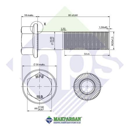 M20x1.5x80 3028 MAKAS YATAK CİVATASI FLANŞLI TIRTILLI 10.9