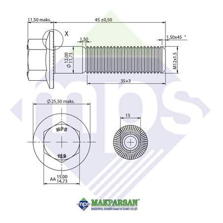 M12x1.5x45 ŞASİ CİVATASI FLANŞLI TIRTILLI 10.9