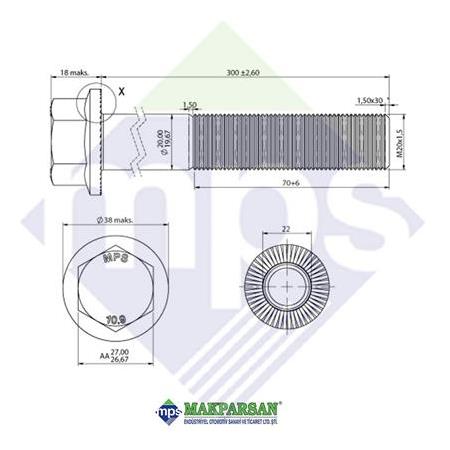 M20x1.5x300 AXOR SEPET KULAK CİVATASI FLANŞLI TIRTILLI 10.9