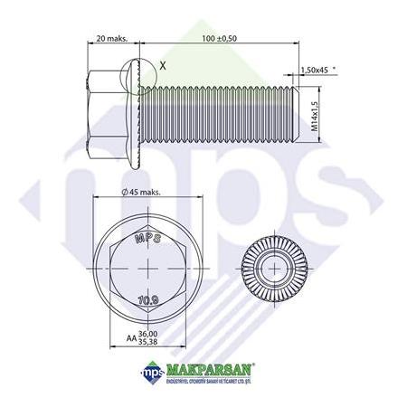 M24x2.0x100 M30.28 V KOL GÖBEK CİVATA FLANŞLI TIRTILLI TAM DİŞ 10.9 / 0069908504